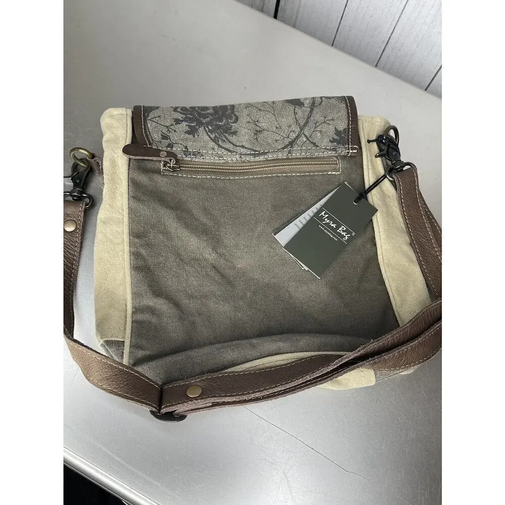 New! Myra Bag Purse Crossbody Bag Canvas and Leather Trees Leaves Print